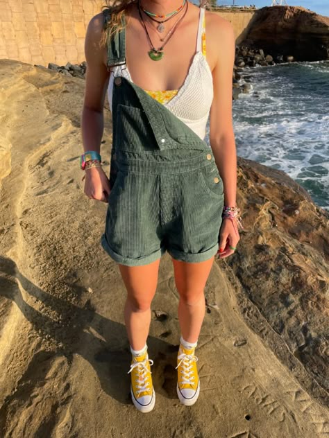 Overalls And Birkenstocks Outfit, Cute Jean Overalls, Green Short Overalls, Jean Short Overalls Outfit Summer, Overalls Bathing Suit, Duluth Overalls Outfit, Green Overalls Outfits Shorts, Overalls One Strap Down, Cute Short Overalls