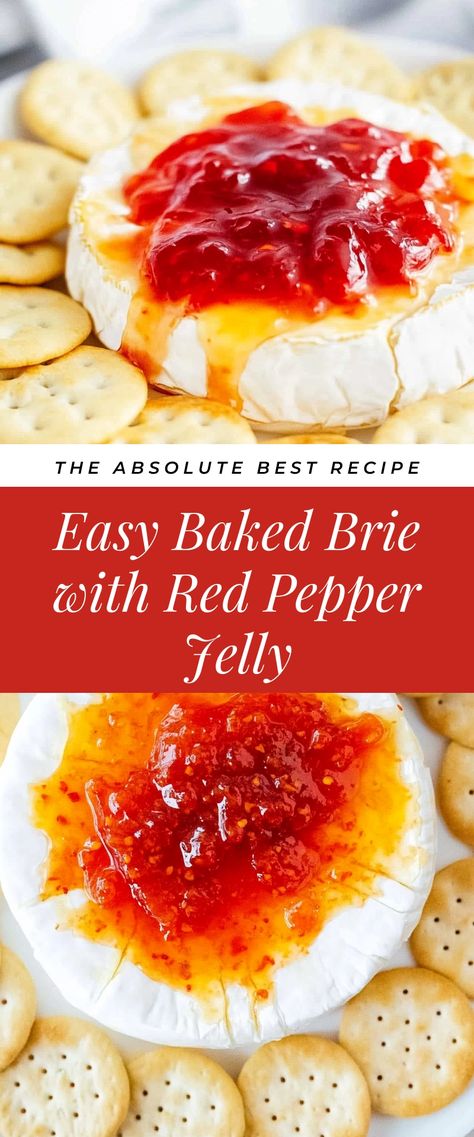 Image for Easy Baked Brie with Red Pepper Jelly Baked Brie Appetizer Christmas, Easy Brie Appetizer 3 Ingredients, Red Pepper Jelly And Brie Cheese, Brie Cheese Recipes With Apples, Pepper Jelly Brie Bites, Brie Jelly Appetizer, Spicy Brie Appetizer, Brie Recipes With Jam, Brie And Red Pepper Jelly Baked