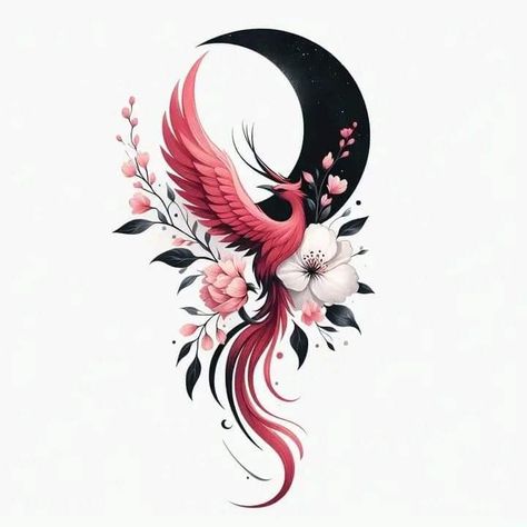 Phoenix Tattoo Feminine Hand, Cherry Blossom And Phoenix Tattoo, Woman Bird Tattoo, Cherry Blossom Phoenix Tattoo, Women Back Neck Tattoo, Water Phoenix Tattoo, Phoenix Bird Tattoo Women, Pheonix Tattoo For Women On Chest, Phoenix Moon Tattoo