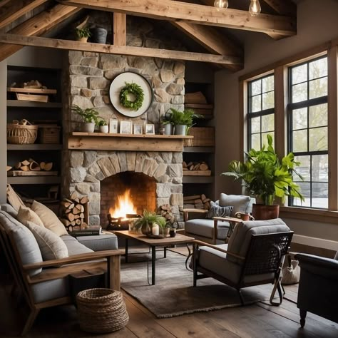 cozy rustic living room Rustic Country Living Room, Lake House Fireplace, Rustic Great Room, Rustic Living Room Wall Decor, Rustic Cabin Living Room, Cozy Rustic Living Room, Fall Living Room Decor Ideas, Christmas In The Mountains, Cedar Cottage