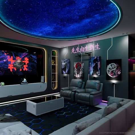 Gaming Room Ceiling Design, Lofted Cabin, Desk Organisation, Stretch Ceiling, Space Themed Room, Room Vibes, Gaming Setups, Desk Goals, Ceiling Design Bedroom