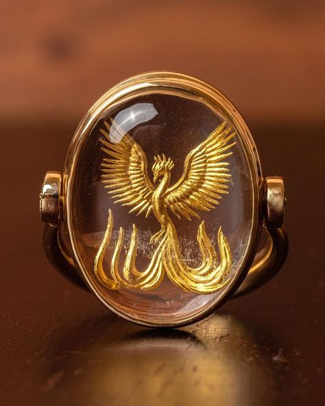 Phoenix Rising From The Ashes, Intaglio Jewelry, Clear Quartz Jewelry, Golden Phoenix, Rising From The Ashes, Rise From The Ashes, Fantasy Outfits, Phoenix Rising, Cameo Jewelry