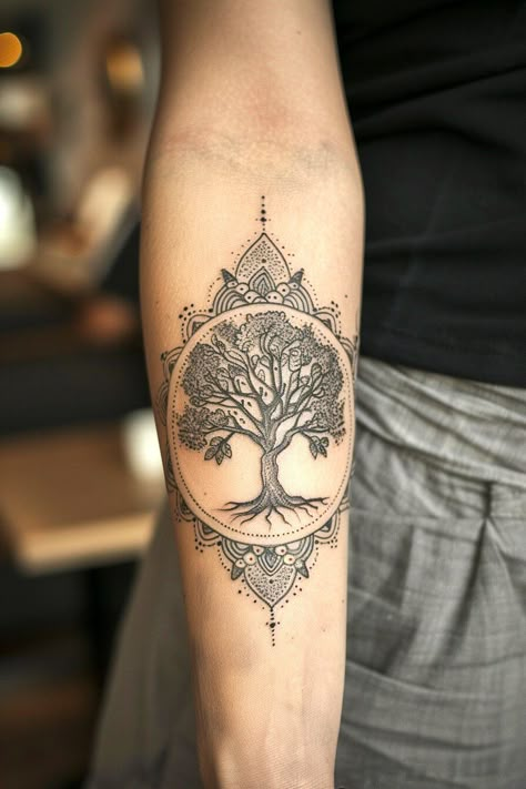 Unique Tree Of Life Tattoo, Tree Of Life Tattoo Feminine Arm, Tree Mandala Tattoo, Tree Of Life Tattoo Forearm Women, Fine Line Tree Of Life Tattoo, Family Tree Tattoo Ideas, Sacred Geometry Tattoo Design, Tree Of Life Mandala, Mandala Tree Of Life Tattoo For Women