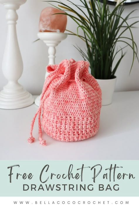 Crochet Drawstring Bag - FREE pattern - Bella Coco Crochet Crocheted Small Bags, Crochet Rice Bag, Crochet Pattern Drawstring Bag, Crochet Goodie Bags, Crochet Small Bags Free Pattern, Crochet Toiletry Bag Free Pattern, Crochet Sack Bag, Small Crochet Drawstring Bag, Crochet Drawstring Purse