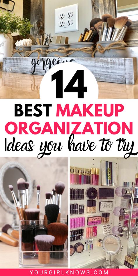 14 best Makeup organization ideas to declutter and organize makeup Shelves For Makeup Vanity, Make Up Organization Ideas Diy, Storage Ideas For Makeup, Best Makeup Organization Ideas, Makeup Vanity For Small Space, No Vanity Makeup Storage, Makeup Room Shelves, Mason Jar Makeup Brush Holder, Organizing Makeup Brushes