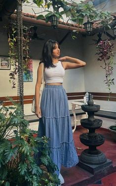 Blue Long Skirt Outfit, Stylish Tops For Women Classy, Philippines Trip, Blue Long Skirt, Blue Skirt Outfits, Skirts Ideas, Stylish Knitwear, Modeling Poses, Knitwear Inspiration