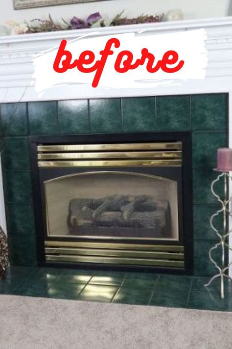 Builders Fireplace Makeover, Painting Fireplace Doors Black, Paint Tile Around Fireplace Ideas, Old Fireplace Makeover Tile, Fireplace Makeover On A Budget, Fireplace Ideas Painted, Painted Tile Fireplace Before And After, Fireplace Facelift Diy, Paint Fireplace Floor Tile