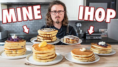 Making IHOP Pancakes at Home | But Better Pancakes Ihop, I Hop Pancake Recipe, Cinnamon Pancakes Recipe, Homemade Grilled Cheese, Joshua Weissman, Ihop Pancakes, Blueberry Buttermilk Pancakes, Table Treats, Ideas For Brunch