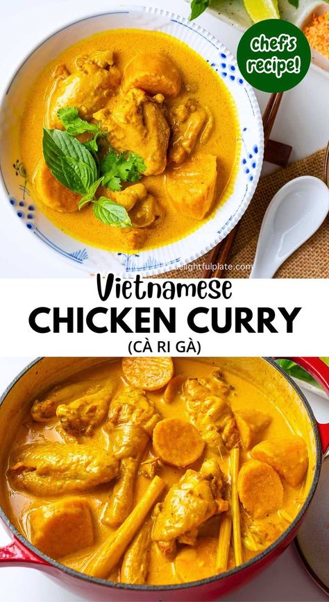 a collage of Vietnamese chicken curry (ca ri ga) Vietnamese Coconut Curry, Asian Chicken Curry, Chicken Curry Vietnamese, Chicken Vietnamese Recipes, Vietnamese Curry Chicken, Mild Curry Recipes, Ca Ri Ga, Best Curry Recipe, Vietnamese Curry