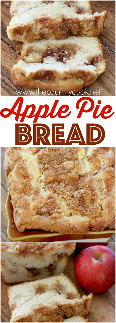 Apple Pie Bread recipe from The Country Cook. It is a sweet dessert bread filled with a super yummy cinnamon apple filling topped with fresh apples. Easy homemade goodness! Apple Pie Bread Recipe, Apple Pie Bread, Apple Recipes Healthy, Baked Apple Recipes, Weight Watcher Desserts, Dessert Oreo, Best Apple Pie, Country Cook, Apple Dessert Recipes