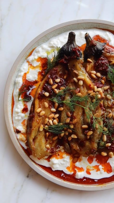 Burnt Aubergine With Feta And Harissa Oil, Lebanese Aubergine Recipe, Yotam Ottolenghi Recipes Vegetarian, Ottolenghi Eggplant Recipe, Ottolenghi Aubergine Recipe, Ottolenghi Recipes Vegetarian, Ottolenghi Appetizer, Ottolenghi Vegetables, Eggplant Feta Recipes