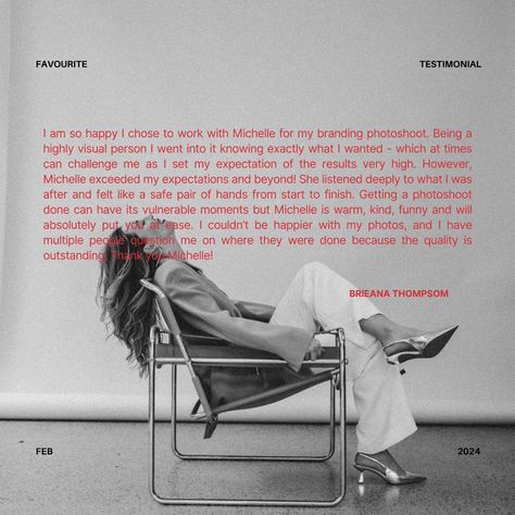 KIND WORDS 🖤 "I am so happy I chose to work with Michelle for my branding photoshoot. Being a highly visual person I went into it knowing exactly what I wanted - which at times can challenge me as I set my expectation of the results very high. However, Michelle exceeded my expectations and beyond! She listened deeply to what I was after and felt like a safe pair of hands from start to finish. Getting a photoshoot done can have its vulnerable moments but Michelle is warm, kind, funny and will... Branding Shoot Ideas Outside, Editorial Branding Photoshoot, Homebody Photoshoot, Neutral Branding Photoshoot, Self Branding Photoshoot, Brand Designer Photoshoot, Unique Branding Photoshoot, Social Media Manager Branding Photoshoot, Personal Brand Photography