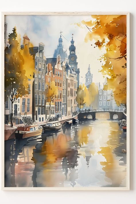 Watercolor painting of Amsterdam showcasing iconic canals and architecture Watercolor Amsterdam, Amsterdam Watercolor, Architectural Watercolor, Netherlands Poster, Spain Watercolor, Viking Cruise, Amsterdam Art, Watercolor Travel, Watercolor Architecture