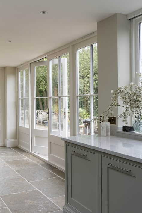 French Doors Exterior, Open Plan Kitchen Living Room, Green Kitchen Cabinets, French Doors Patio, Extension Ideas, French Doors Interior, Kitchen Doors, Kitchen Extension, Kitchen Diner