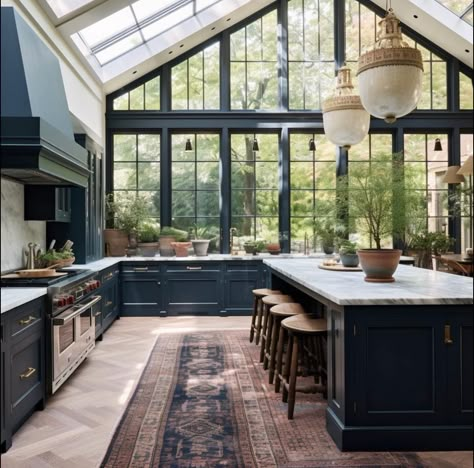 Kitchens With Natural Light, Industrial Home Interior Design, Kitchen In Conservatory, Conservatory Interior Design, Sunroom Kitchen Ideas, Kitchen Huge Island, Industrial Open Kitchen, Conservatory Addition To House, Art Deco Kitchens