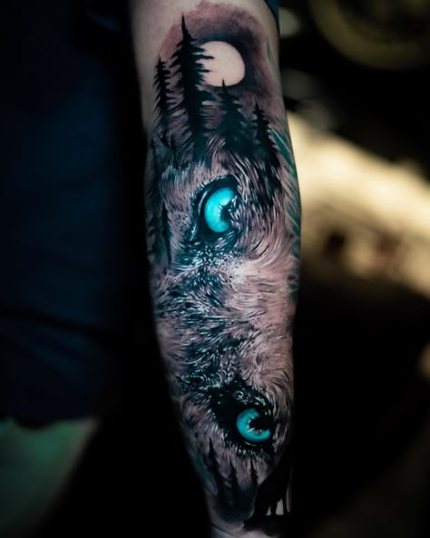 Wolf Half Sleeve Tattoos For Guys, Forearm Wolf Tattoos For Women, Blue Eye Wolf Tattoo, Half Sleeve Wolf Tattoo For Men, Half Human Half Animal Eye Tattoo, Protective Wolf Tattoo, Blue Wolf Tattoo, Wolf Forearm Tattoo For Men, Half Animal Tattoo