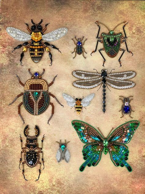 Create a beautiful work of art with this Bugs bead embroidery kit. This creative DIY set comes with everything you need to make a stunning embroidered picture to hang in your home or give as a gift to a loved one. The finished picture will add a beautiful touch to any room, whether displayed in a frame or without one. It complements any interior design style and adds a unique and artistic touch to your decor. Kit #1: Weight: 0.214 kg Picture widt Fabric Insects, Insect Fabric, Dr Faustus, Bugs Embroidery, Beaded Spiders, Tambour Embroidery, Canvas Diy, Diy Craft Kit, Bead Embroidery Patterns