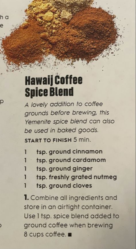 Hawaii Coffee Spice Blend, Ground Cardamom Recipes, Spice Blends Diy, Christmas Spice Blend For Coffee, Coffee Spice Blend, Spiced Coffee Recipe, Ground Coffee Recipes, Hawaij Spice, Homemade Coffee Drinks