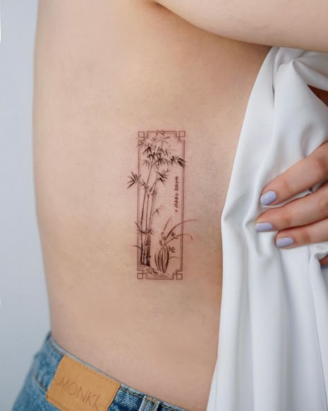 Chinese Frame Tattoo, Tattoo Ideas Painting, Red Bamboo Tattoo, Chinese Inspired Tattoos For Women, Asian Aesthetic Tattoo, Vietnamese Art Tattoo, China Inspired Tattoos, Chinese Painting Style Tattoo, Cute Chinese Tattoos