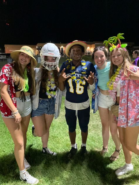 #hawaiian #hawaiiantheme #tropical #theme #football #fnl #seniorszn Tropical Football Theme, Hawaiian Football Theme, Hawaiian Football Theme Outfit, Hawaiian Theme Football Game, Hawaiian Themed Outfits, Cute Friend Poses, Fb Games, Football Theme, Football Game Outfit