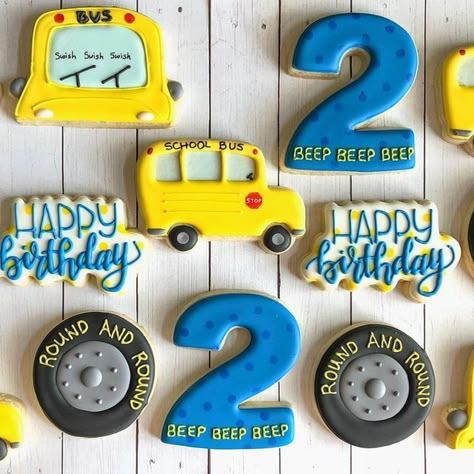 Wheels On The Bus Cookies Decorated, School Bus Second Birthday, Wheels On The Bus Second Birthday, Wheels On The Bus Cookies, Wheels On The Bus 2nd Birthday Party, Bus Party Ideas Birthdays, Wheels On The Bus Themed Birthday Party, Wheels On The Bus Birthday Party Decorations, The Wheels On The Bus Birthday Party