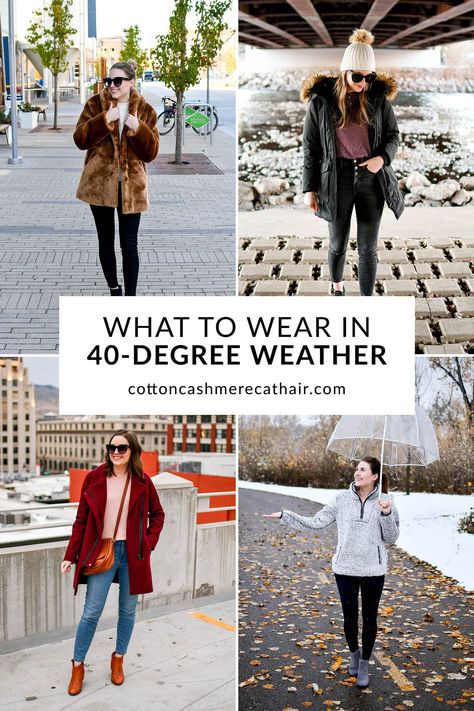 As a lifelong Idahoan, I'm used to dressing for 40-degree weather! 40s happens frequently here in the early spring, late fall, and winter. Check out this post to learn what to wear in 40-degree weather plus find 12 outfit ideas to wear when it's 35-45°F outside. Follow along for more petite outfit ideas in any weather! Outfits For 35 Degree Weather, Outfits For 40 Degree Weather For Women, 55° Weather Outfit, What To Wear In 53 Degree Weather, 35 Degree Weather Outfit Winter, 43 Degree Weather Outfit, 27 Degree Weather Outfit, Outfit For 30 Degree Weather, Cute 40 Degree Weather Outfits