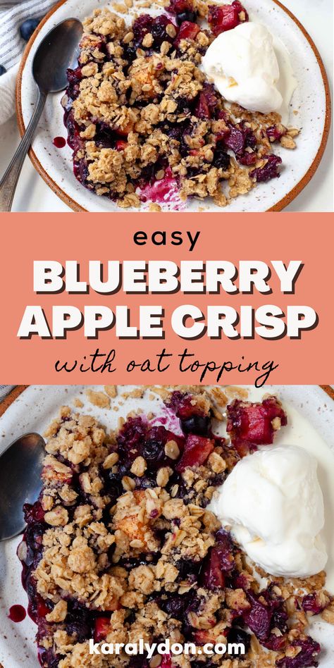 The perfect fall or summer dessert, this apple blueberry crumble is made with fresh fruit and a crispy, buttery oat brown sugar topping. Serve this fruit crisp warm with vanilla ice cream for the ultimate treat! Healthy Fruit Crumble, Apple Blueberry Crisp, Apple Blueberry Crumble, Recipe With Oats, Apple Crisp No Oats, Blueberry Crisp Recipe, Fruit Crisp Recipe, Frozen Fruit Recipes, Oat Crumble Topping