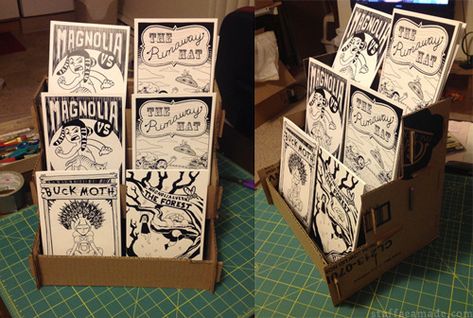 stuff AEA made! - DIY Display! - DIY Display! Print Stand Display, Card Display Stand Diy, Zine Exhibition Display, Diy Print Display Stand, Diy Art Print Display, Zine Fair Display, Diy Print Display, Artist Alley Display Diy, Artist Alley Print Display