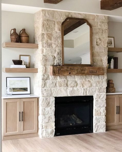 Creative Mines on Instagram: “Go neutral with stone and wood. #CreativeMines Product: Alpaca Craft Orchard Limestone @iastonesupply @uniquehomesia” Limestone Fireplace Surround, Built In Shelves Living Room, Stone And Wood, Fireplace Built Ins, Fireplace Remodel, Home Fireplace, Fireplace Makeover, The Fireplace, Studio Mcgee