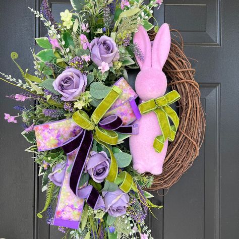 Purple Bunny Wreath, Easter Wreath, Purple Spring Wreath, Easter Bunny Wreath, Purple Flocked Bunny, Floral Spring Grapevine, Spring Decor by JensWreathDecor on Etsy Purple And White Wreath, Flocked Bunny Wreath, Sweet Wreath, Easter Wreaths For Front Door, Purple Easter Wreath, Bunny Shaped Wreath, Easter Decorations Wreaths & Garlands, Purple Wreaths For Front Door Summertime, Spring Grapevine Wreath