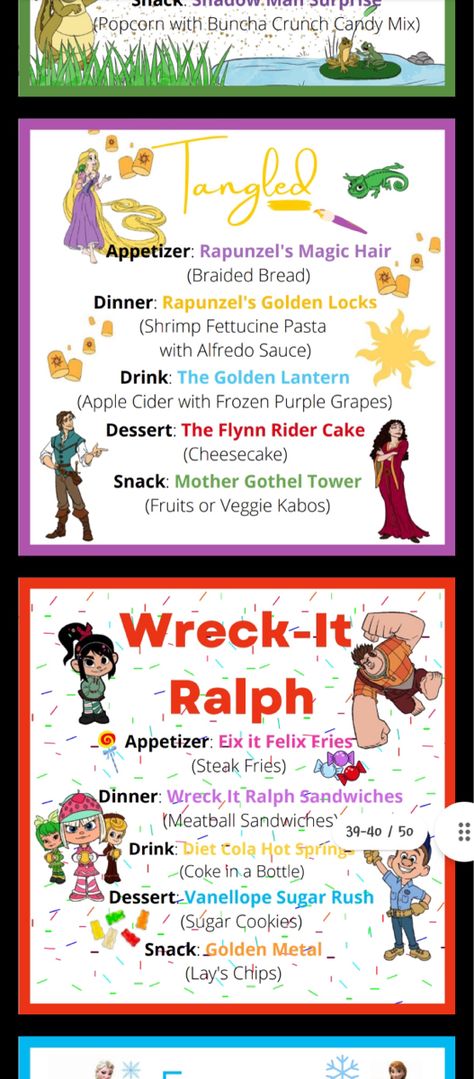 Sleeping Beauty Movie Night Food, Wreck It Ralph Movie Night Food, Goofy Movie Themed Food, Dinners Based On Movies, Disney Themed Movie Night Snacks, Disney Movie Night Theme Food, Disney Meal Ideas, Movie Night Meal Ideas, Disney Themed Potluck