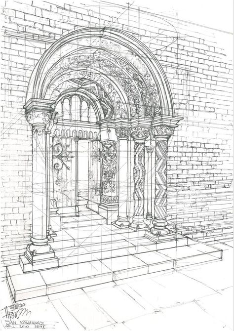 Portal by Gopalik Romanesque Art, Architecture Drawing Sketchbooks, Perspective Drawing Architecture, Romanesque Architecture, Architecture Sketchbook, Architecture Design Sketch, Architecture Design Drawing, Architecture Concept Drawings, Perspective Art