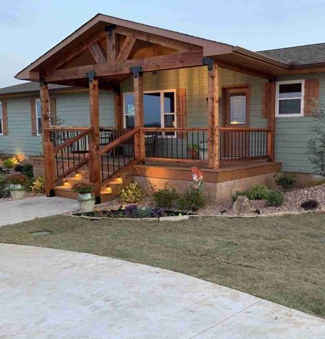 5 Easy Ways to Add Curb Appeal To Your Manufactured Home Adding Porch To Mobile Home, Mobile Home Front Porch Ideas Entrance, Rustic Modular Homes, Remodeled Manufactured Homes, Mobile Home Porches And Decks, Mobile Home Siding Ideas Exterior Colors, Upgrade Mobile Home, Manufactured Home Remodel Exterior, Mobile Home Landscaping Ideas