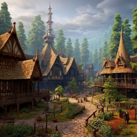 Elven Town Fantasy Art, Fantasy Town Concept Art Forest, Kingdom In The Forest, Medieval Fantasy Town Concept Art, Fantasy Elf Village, Forest Town Fantasy Art, Forest Village Concept Art, Medieval Forest Village, Fantasy Highlands