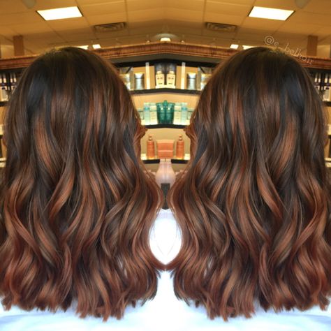 Cinnamon spice balayage Brown Balayage Cinnamon, Brown Hair With Cinnamon Balayage, Cinnamon Brown Hair Color Balayage, Brown Hair Balayage Cinnamon, Cinnamon Balayage Hair, Brunette Hair With Cinnamon Highlights, Balayage Hair Cinnamon, Simple Changes For Brown Hair, Cinnamon Spice Highlights