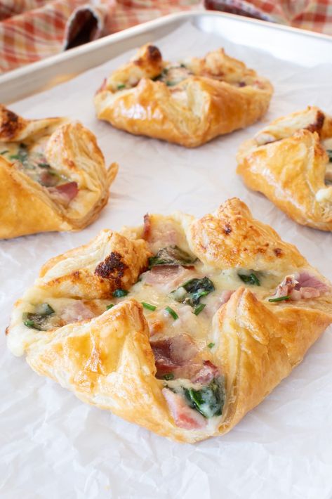 Ham and Cheese Puffs | For the Love of Cooking Paula Deen Ham And Cheese Puff Pastry, Ham And Cheese Galette, Puff Pastry Breakfast Pastries, Breakfast Savory Pastry, Turkey Sage Danish Recipe, Puff Pastry Croque Madame, Ham And Cheese Pastries, Savory Rolls Breakfast, Ham And Cheese Turnovers