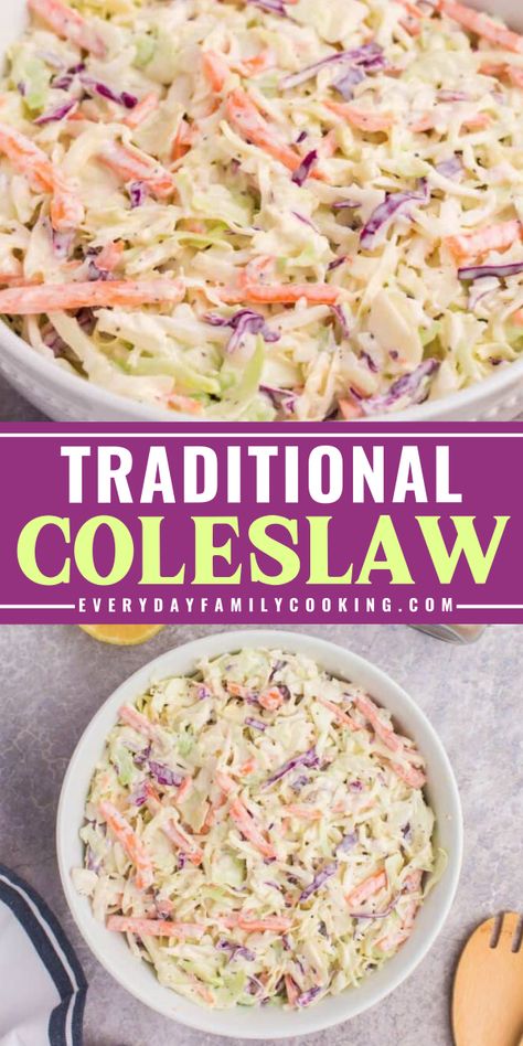 This traditional coleslaw recipe will blow your mind! This dish can not only serve as a side dish but also complements a range of dishes. The combination of crunchy and creamy, sweet and tangy will satisfy your cravings. In just 4 easy steps, you can make your traditional coleslaw. Cold Slaw Dressing Recipe, German Coleslaw Recipe, Simple Coleslaw Recipe, Recipe For Coleslaw, Tangy Coleslaw Recipe, Sweet Coleslaw Recipe, Homemade Coleslaw Recipe, Cold Slaw, The Best Coleslaw