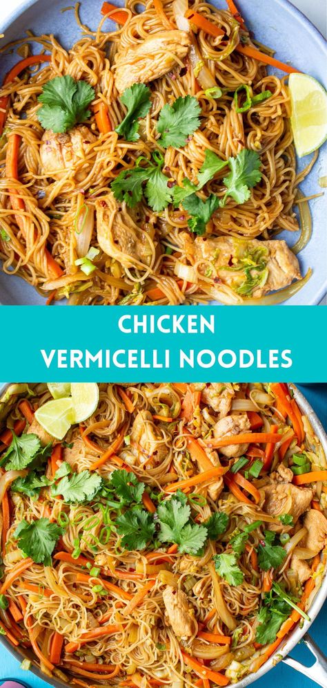 Looking for easy Chinese recipe ideas? This chicken Vermicelli noodle recipe is bursting with flavour. It takes less than 30 minutes to prepare, making it perfect for a weeknight dinner or make ahead freezer friendly meal. Chicken Vermicelli Salad, Gluten Free Vermicelli Recipes, Soup With Vermicelli Noodles, Vermicelli Recipes Healthy, Chicken And Vermicelli Noodles, Vermecilli Rice Noodles Recipes, Vercemelli Noodles Recipes, Vermicelli Chicken Recipes, Chinese Vermicelli Recipes