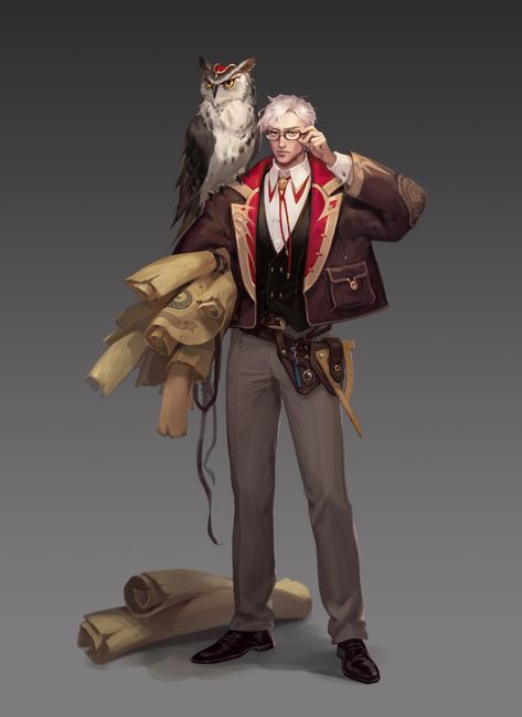 Researcher, Hanon on ArtStation at https://www.artstation.com/artwork/RnlvNA Fantasy Receptionist, Dnd Character With Glasses, Dnd Researcher, Researcher Character, Traveler Rpg, Fantasy Researcher, Npc Ideas, Dnd Npc, Office Men