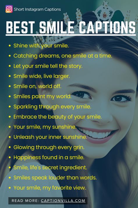 Smile Captions For Instagram: Discover the best smile captions to light up your posts with happiness. Spread positivity with every click. #SmileCaptionsForInstagram #SpreadJoy #InstagramHappiness Simple Smile Quotes, Compliment Replies, Smile Captions Instagram, Insta Hashtags, Instagram Hashtags For Likes, Pic Captions, Smile Captions, Ig Caption, Hashtags For Likes