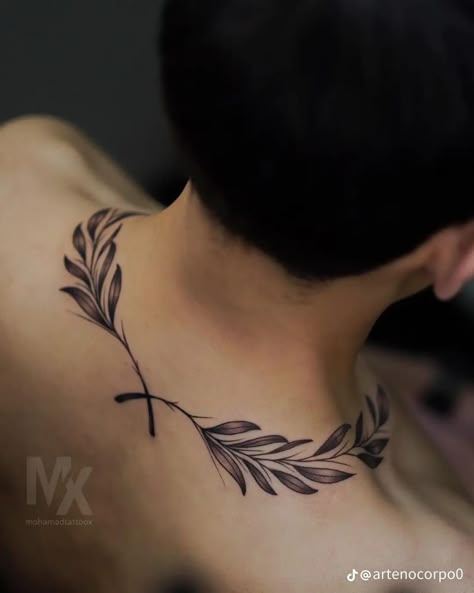 Mens Tattoo Ideas Neck, Vines Around Neck Tattoo, Laurel Reef Tattoo, Bay Leaf Tattoo Design, Chest And Collar Bone Tattoos, Behind Neck Tattoo Men, Arm Tattoo Men Forearm Simple, Gothic Collar Bone Tattoo, Laurel Wreath Tattoo Men