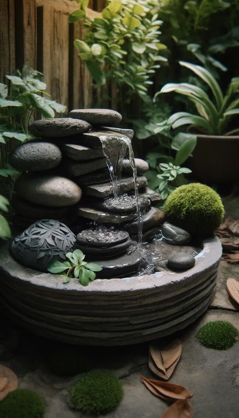 Unique Water Features, Balcony Water Feature, Garden Fountain Ideas, Small Garden Waterfalls, Secluded Garden, Garden Aesthetics, Pot Gardening, Stacked Stones, Diy Water Fountain