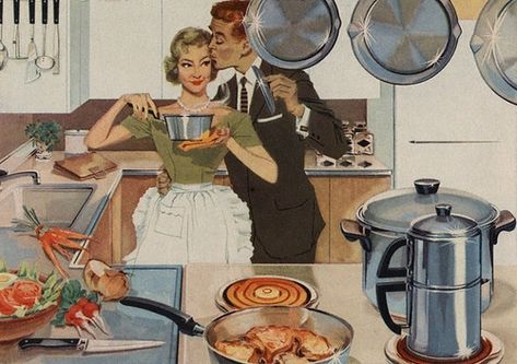 Kitchen Kiss 1950's magazine illustration.                                                    . 50's Housewife, 50s Housewife, 1950s Housewife, Slow Cooker Bbq Chicken, Vintage Housewife, Stepford Wife, Happy Housewife, Cooking In The Kitchen, Domestic Bliss