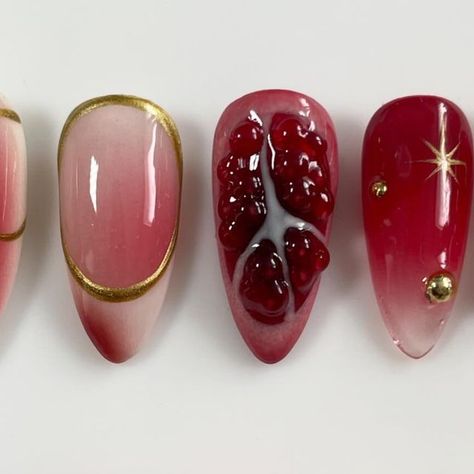 elle on Instagram: "pomegranates❣️  #pomegranates  #pomegranatenails  #fruitnails  #summernails  #yummynails" Pomegranate Nails Design, Pomegranate Seed Nails, Passion Fruit Nails, Orange Blossom Nails, Pomegranate Nail Art, Fig Nails, Pomegranate Outfit, Persephone Nails, Nail Aesthetic Instagram