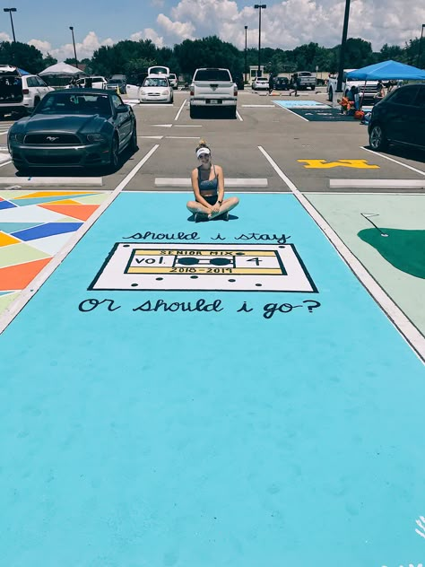 Grinch Senior Parking Spot, Highschool Painted Parking Spots, Parking Spot Inspiration, Music Themed Senior Parking Spot, Retro Senior Parking Spot, Getaway Car Parking Spot, Spiderman Senior Parking Spot, Junior Year Parking Spot, Simple Parking Spot Ideas