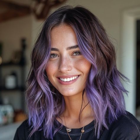 Purple Highlights In Brown Hair Short, Purple Hair On Brunette, Dark Hair Purple Money Piece, Dark Brown Hair With Purple Ends, Low Maintenance Purple Hair, Balayage Purple Hair Brunettes, Purple And Pink Balayage, Dip Dye Hair Purple, Different Hair Color Ideas For Brunettes