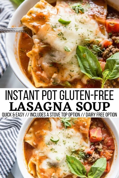 Gluten Free Lasagna Soup Crock Pot, Instant Pot White Chicken Lasagna Soup, Gf Lasagna Soup, Gluten Free Crock Pot Soup Recipes, Instant Pot Recipes Gluten Dairy Free, Lasagna Soup Recipe Instant Pot, Gluten Free Instapot Recipes, Instapot Lasagna Soup, Instant Pot Recipes Gluten Free