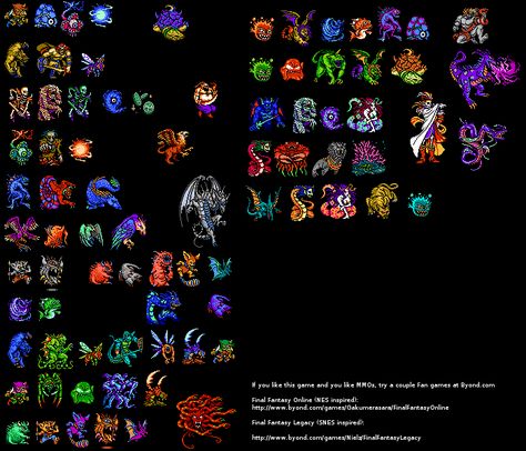 NES - Final Fantasy 3 (JPN) - Monsters 1 - The Spriters Resource Neon Stars, Video Game Sprites, Game Sprites, Nes Games, Fantasy Monster, Game Ideas, Magical Creatures, Final Fantasy, Ui Design