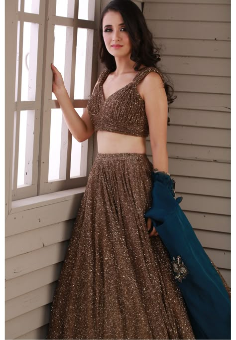 Brown Traditional Dress, Bronze Lehenga, Shimmer Dress Indian, Dark Brown Lehenga, Brown Lengha, Sequin Party Dress Classy, Shimmer Lehenga, Brown Lehenga, Floral Skirt Outfits