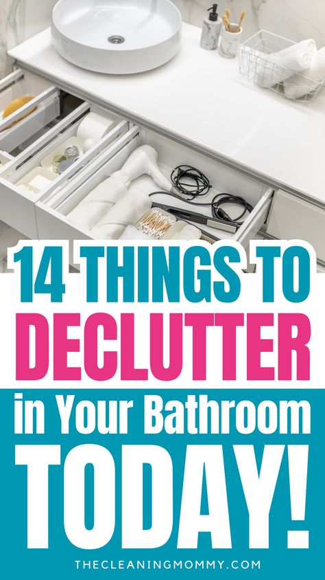 It's always a good idea to continue to declutter your home on an ongoing basis to keep it clean and organized.  Here are 14 things to declutter in your bathroom that will make a big difference.    You will be able to organize your bathroom once you have gotten rid of certain things. How To Declutter Bathroom, Declutter Bathroom Counter, Declutter Bathroom, Bathroom Drawers, Bathroom Counters, Simple Bathroom, Declutter Your Home, Cleaning Organizing, Declutter